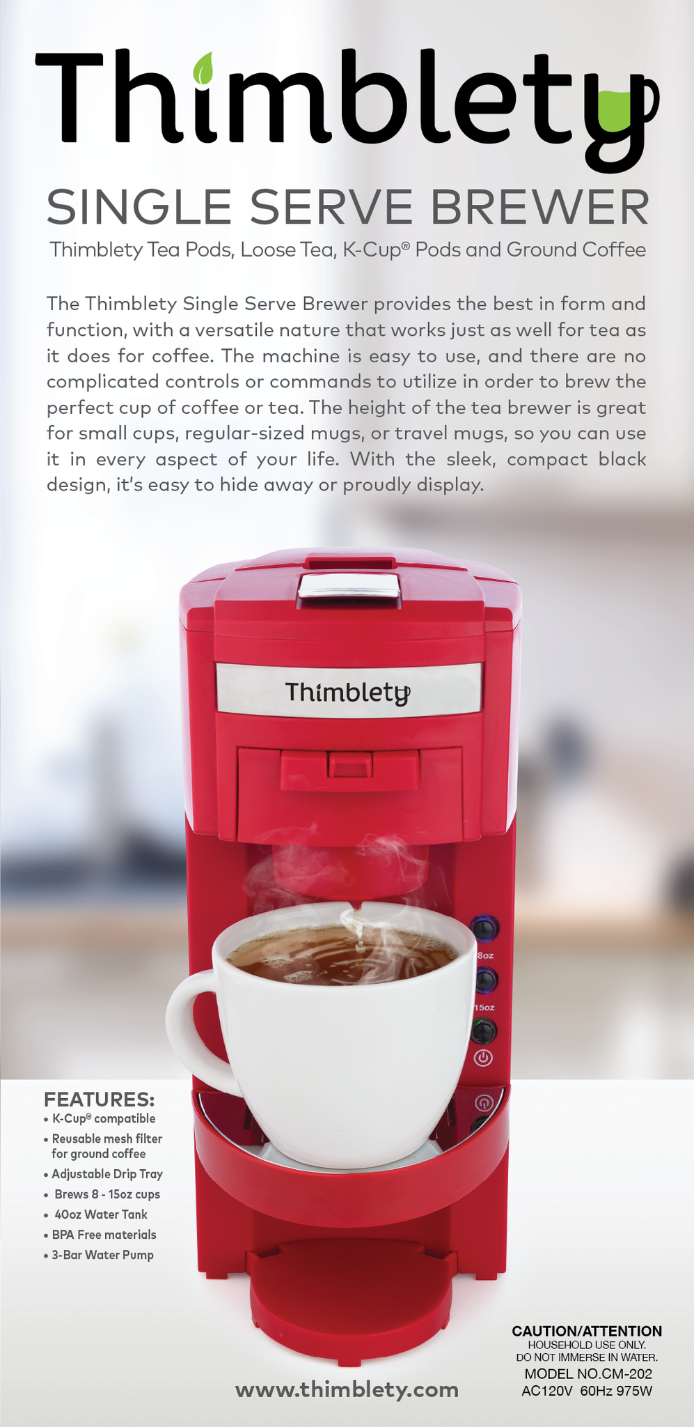 Thimblety Red Brewer for K-Cup Drinks and Loose Leaf Tea Ground Coffee